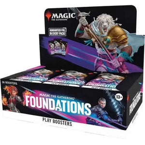 Magic: The Gathering - Foundations Play Booster Display box containing 36 trading card game booster packs, featuring illustrations of fantasy characters on the packaging.