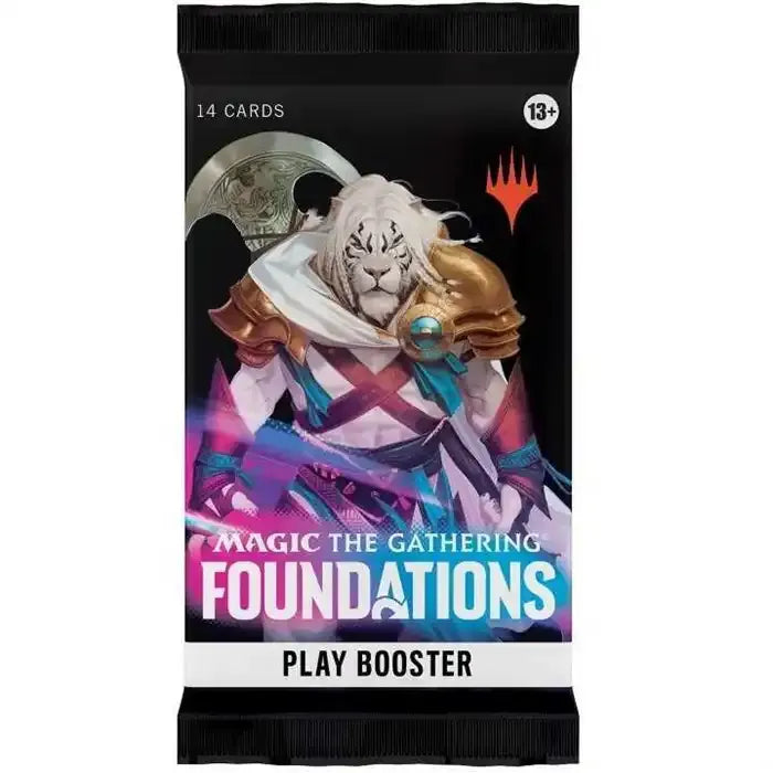 Magic: The Gathering - Foundations Play Booster Display box containing 36 trading card game booster packs, featuring illustrations of fantasy characters on the packaging.