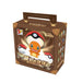 A brown box with a handle featuring a cartoon orange dinosaur character, Poké Balls, and Chinese text, as well as small character icons along the sides—this Funism Pokemon 30th Anniversary First Partners Series Figure Blind Box by The Pokémon Company is the perfect collectible for fans and collectors alike.