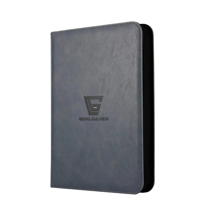 A closed, dark gray Gemloader: Premium Samlekortmappe [360 pockets 3X3] from Gemloader stands upright against a plain light background, with the GEMLOADER logo and name displayed on the front cover.