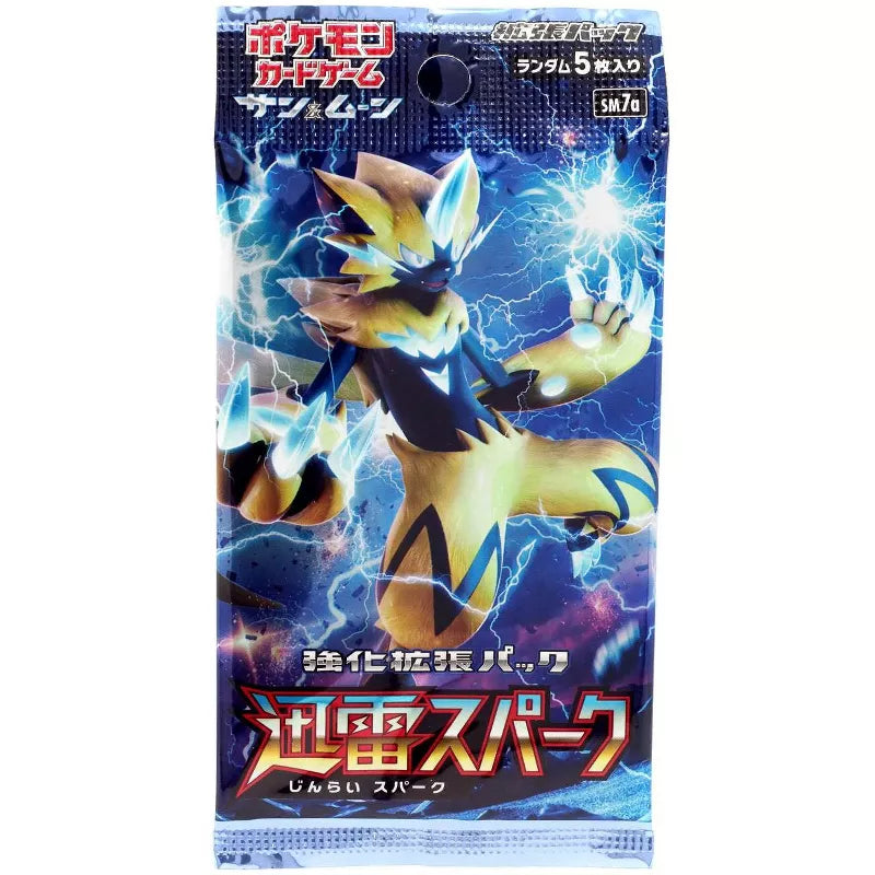 A sealed Pokémon TCG: Thunderclap Spark Booster Box - Japansk (Sun & Moon: SM7a) featuring Zeraora artwork.