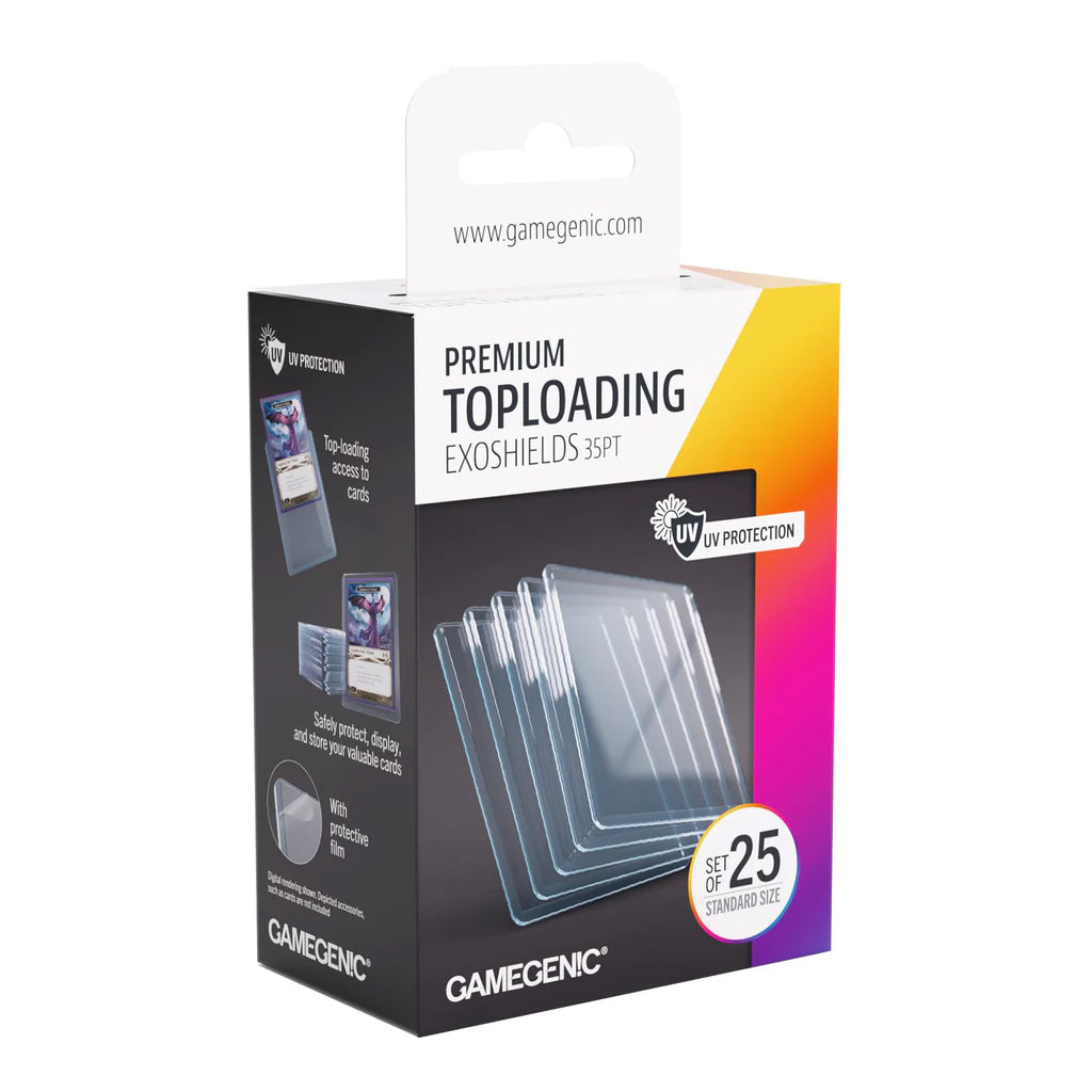 The Gamegenic Premium Toploading Exoshields - 35PT offers 25 clear, UV-protective toploaders from Gamegenic for standard-size samlekort, ensuring premium card safety.
