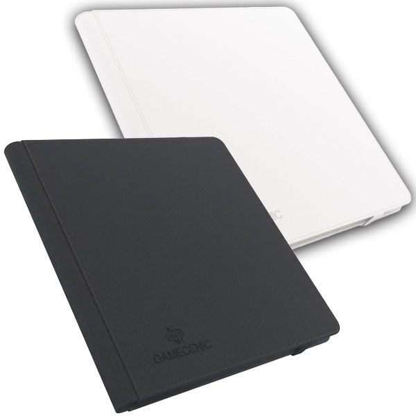 Two closed Gamegenic Prime Album 24-Pocket binders, one black and one white, are shown. Both have a subtle texture with the Gamegenic logo embossed; the black binder is in front of and overlapping the white binder.