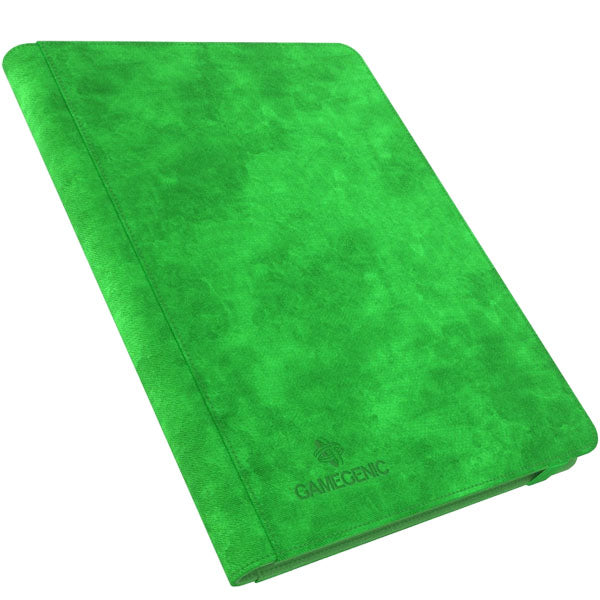 The Gamegenic: Prime Album 18-Pocket is a green, suede-textured binder with rounded corners, shown closed and angled. It’s perfect for samlekort beskyttelse and has the Gamegenic logo embossed in the lower right corner.