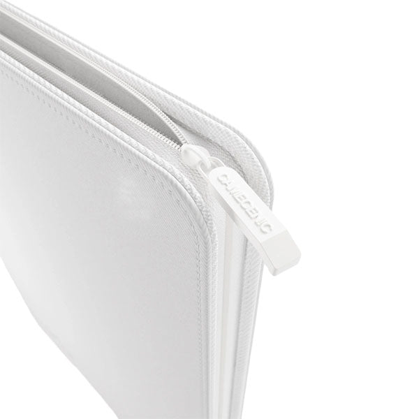 Close-up of a white Gamegenic Zip-Up Album 24-Pocket, partially open, featuring a zipper pull tab—ideal for storing your album or 24-pocket cards securely.