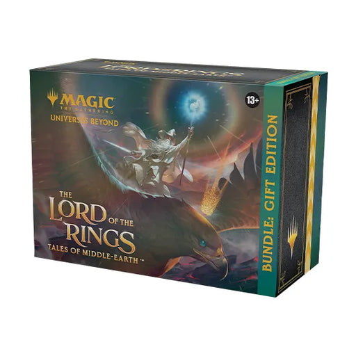 Experience the Magic: The Gathering - The Lord of the Rings Tales of Middle – Bundle: Gift Edition from Wizards of the Coast, featuring vibrant, mystical artwork of Gandalf wielding a staff and sword atop a majestic eagle. This striking collectible bundle is perfect for fans looking to immerse themselves in The Lord of the Rings Magic universe.