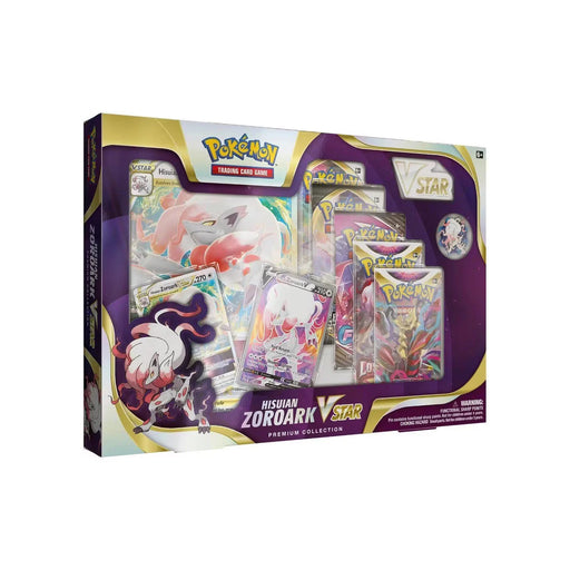 The Pokémon TCG: Hisuian Zoroark VSTAR Collection from The Pokémon Company features foil promo cards, a jumbo card, booster packs, and a VSTAR marker, all presented in eye-catching packaging adorned with dynamic Hisuian Zoroark artwork. This exclusive collection is ideal for fans seeking to elevate their Pokémon TCG experience with the might of Hisuian Zoroark VSTAR.
