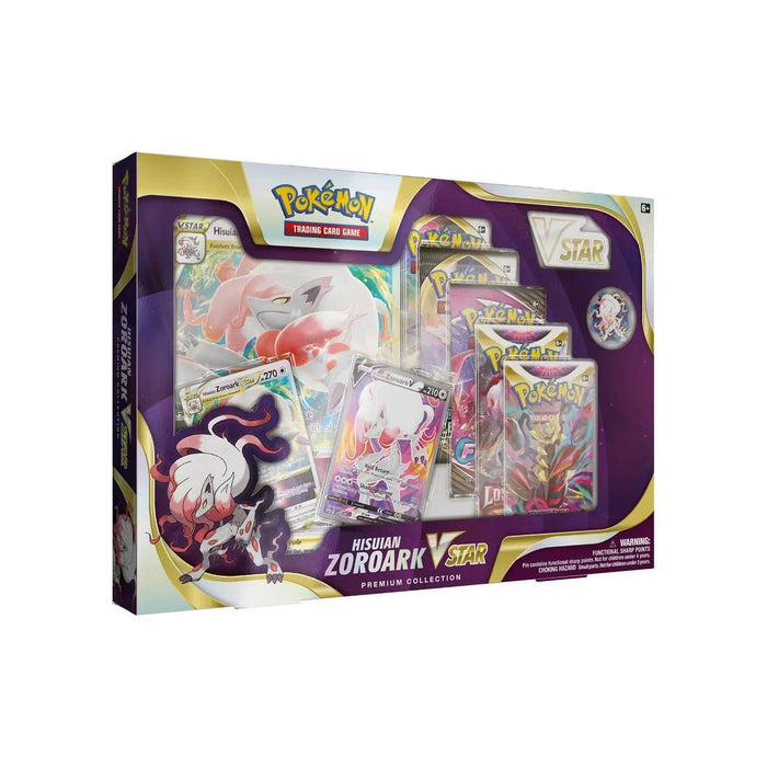 The Pokémon TCG: Hisuian Zoroark VSTAR Collection from The Pokémon Company features foil promo cards, a jumbo card, booster packs, and a VSTAR marker, all presented in eye-catching packaging adorned with dynamic Hisuian Zoroark artwork. This exclusive collection is ideal for fans seeking to elevate their Pokémon TCG experience with the might of Hisuian Zoroark VSTAR.
