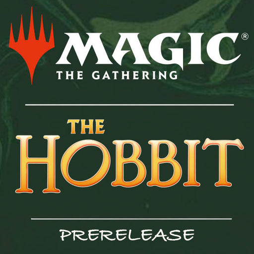 The Magic the Gathering: The Hobbit Prerelease from Wizards of the Coast features The Hobbit logos displayed above the word “Prerelease” on a dark background, emphasizing the excitement for this special prerelease pack event.
