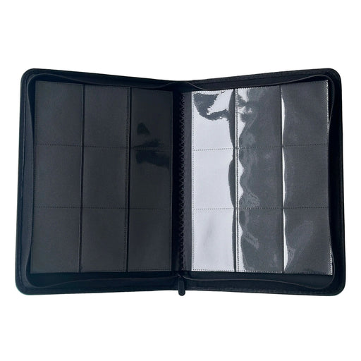 An open black binder case from Ml Trading, the TCGpicks: Samlekortmappe [360 pockets 3X3], features clear plastic sleeves with multiple empty pockets, specifically designed for securely organizing trading cards or small collectibles.