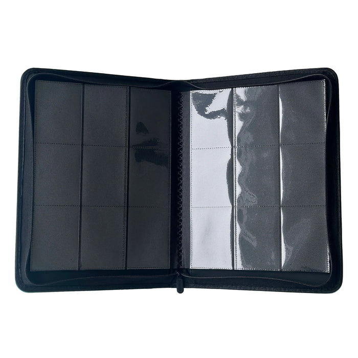 A TCGPicks: Samlekortmappe [360 pockets 3X3] by Ml Trading—an open black binder with clear plastic sleeves featuring multiple card-sized pockets—displayed on a white surface.