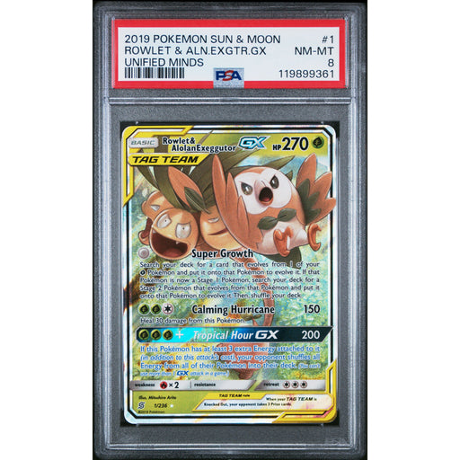 Pokémon TCG: Rowlet & Alolan Exggutor GX 1 PSA 8 - Unified Minds