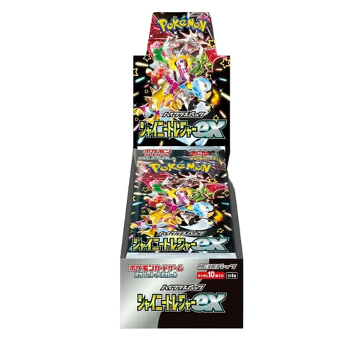 A display box of Japanese Pokémon trading cards, such as the Pokémon TCG: Shiny Treasure ex Booster Box by The Pokémon Company, features vibrant artwork and beloved characters, with the iconic Pokémon logo prominently displayed on the packaging.
