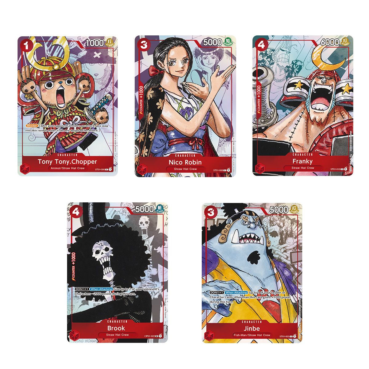 Five trading cards from the One Piece Card Game: Premium Card Collection 25th Edition Japansk featuring characters Tony Tony Chopper, Nico Robin, Franky, Brook, and Jinbe.