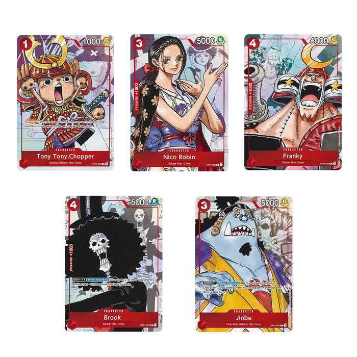 Five trading cards from the One Piece Card Game: Premium Card Collection 25th Edition Japansk featuring characters Tony Tony Chopper, Nico Robin, Franky, Brook, and Jinbe.