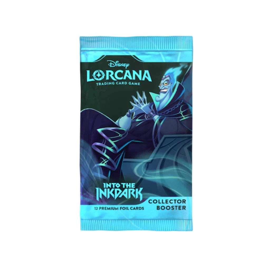 Disney Lorcana: Into the Inkdark Collector Booster Pack featuring a foil card of Hades from Disney’s Hercules.