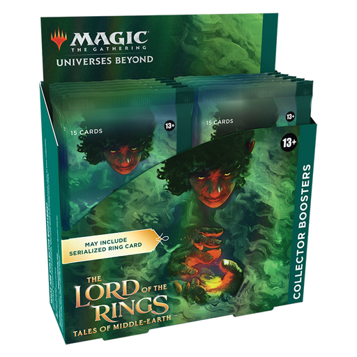 Wizards of the Coast Magic: The Gathering – The Lord of the Rings: Tales of Middle-Earth™ Collector Booster Box display, showcasing a formidable character enveloped in green mist.