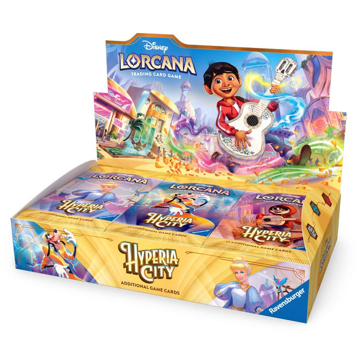 A Disney Lorcana: Hyperia City Booster Display from Ravensburger, showcasing vibrant packaging with animated characters and a cityscape design.
