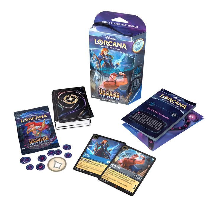 The Disney Lorcana: Ursula’s Return Starter Deck - Amber/Amethyst by Ravensburger, including the box, cards, tokens, rulebook, and quick start guide, are beautifully displayed on a white background.