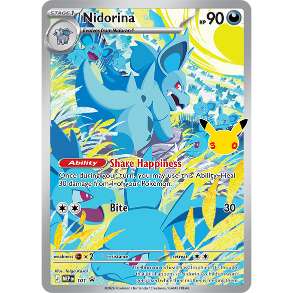 A Nidorina card from The Pokémon Company’s Pokémon TCG: 30th Celebration Elite Trainer Box is shown, featuring 90 HP, the move Bite, and the Share Happiness ability that heals 30 damage in a vibrant forest scene.