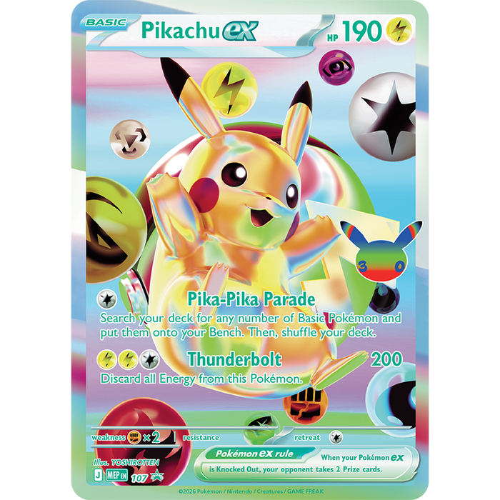 The Pokémon TCG: 30th Celebration Ultra-Premium Collections - Day & Night by The Pokémon Company includes a holographic Pikachu ex card with 190 HP, Pika-Pika Parade and Thunderbolt moves, playful art, and detailed game stats.