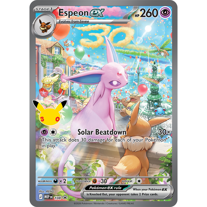 The Pokémon TCG: 30th Celebration Ultra-Premium Collections - Day & Night by The Pokémon Company includes an Espeon ex card (260 HP) with Espeon and Eevee under lanterns, flowers, and a festive background, featuring the Solar Beatdown attack.