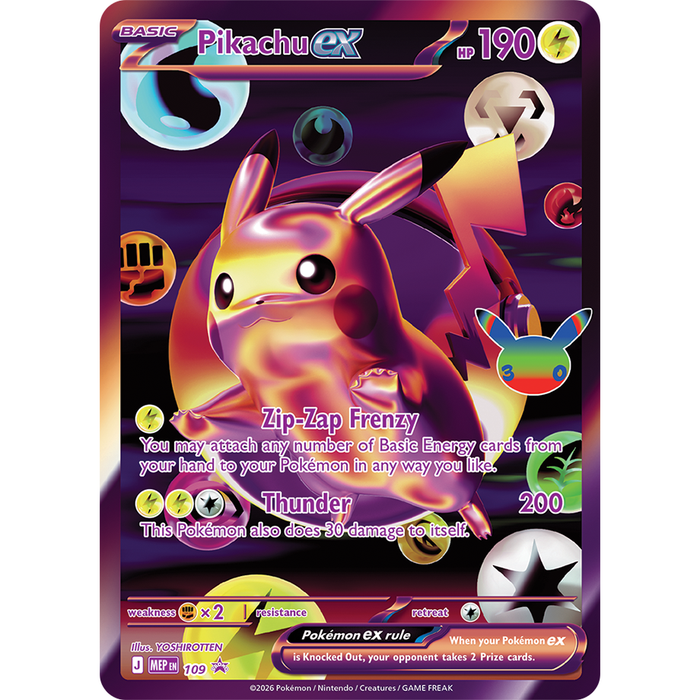 A vibrant Pokémon card from The Pokémon TCG: 30th Celebration Ultra-Premium Collections - Day & Night by The Pokémon Company shows Pikachu ex with purple, pink, and yellow hues, sparkles, stats, icons, and attacks Zip-Zap Frenzy and Thunder.