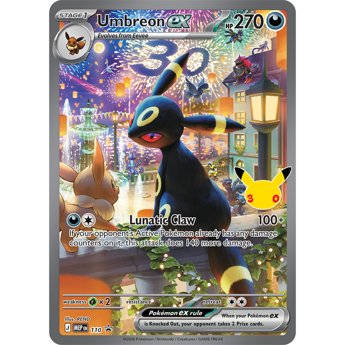 Celebrate with the Pokémon TCG: 30th Celebration Ultra-Premium Collections - Day & Night by The Pokémon Company, featuring an Umbreon ex card set in a vibrant night festival with lanterns, fireworks, Eevee, and Pikachu.
