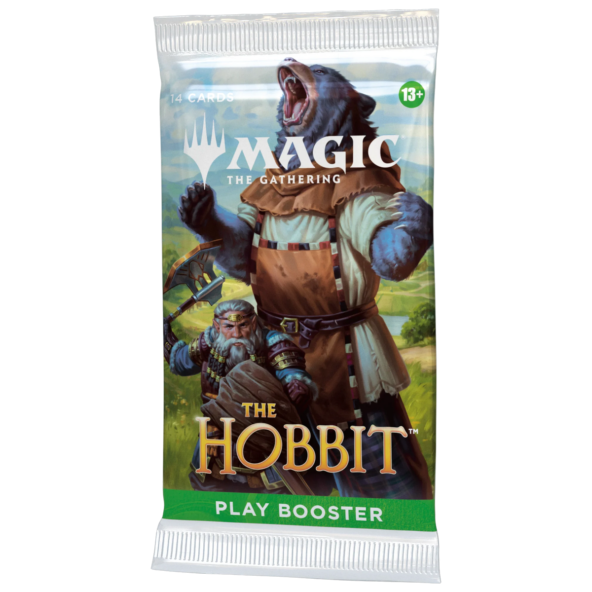 A box of Magic the Gathering: The Hobbit Play Booster Display by Wizards of the Coast, featuring themed packaging with characters on horseback in a scenic landscape and displaying branding along with a 13+ age rating.