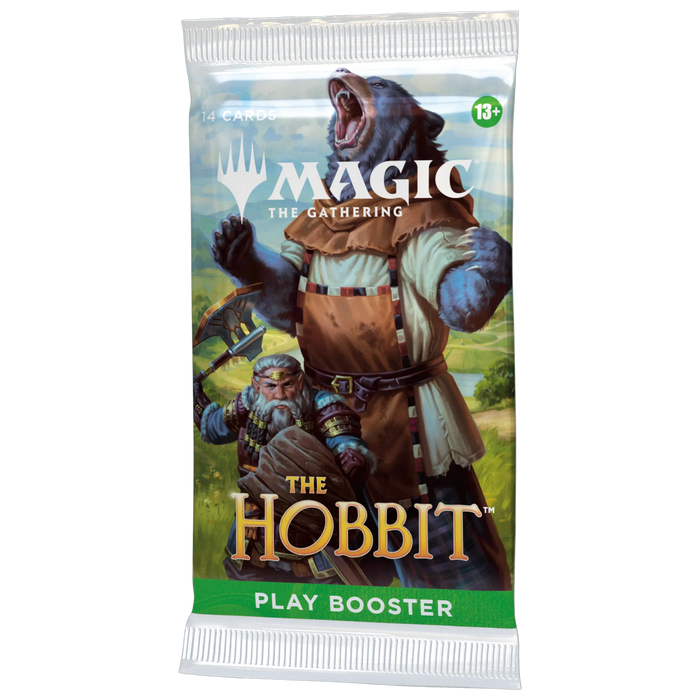 A Magic: The Gathering: The Hobbit Play Booster Display by Wizards of the Coast, featuring packaging with a bear-like creature roaring and a dwarf holding an axe against a scenic landscape backdrop.