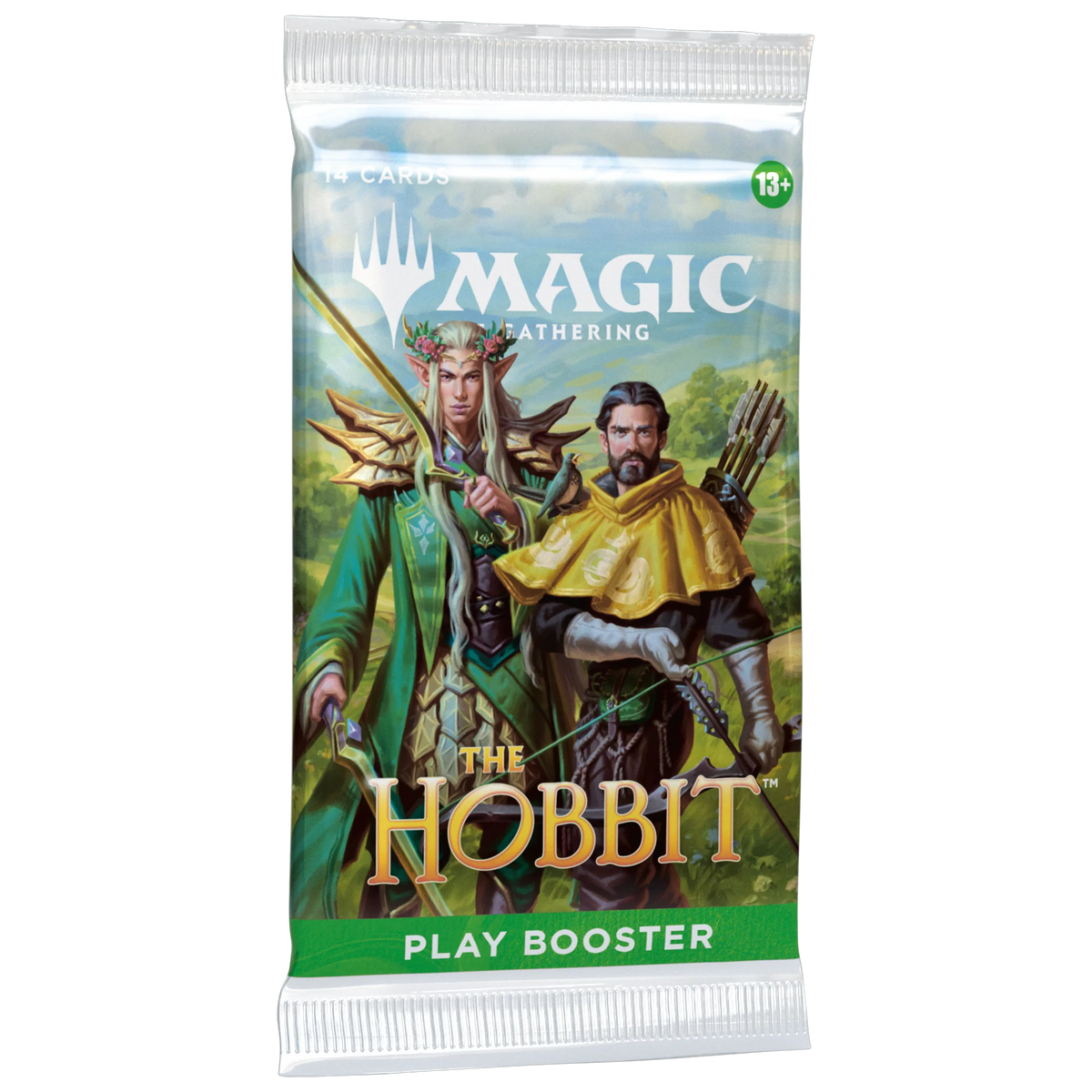 The Magic the Gathering: The Hobbit Play Booster from Wizards of the Coast features packaging illustrated with fantasy characters in green and gold armor, armed with bows and arrows.