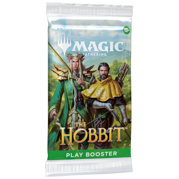 The Magic the Gathering: The Hobbit Play Booster from Wizards of the Coast features packaging illustrated with fantasy characters in green and gold armor, armed with bows and arrows.