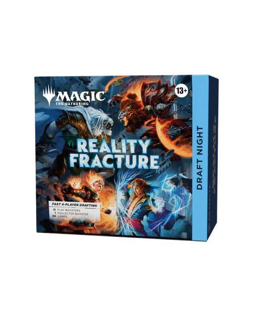 Experience thrilling gameplay with the Magic: The Gathering – Reality Fracture Draft Night set by Wizards of the Coast. This box showcases dynamic fantasy characters unleashing magical energy in battle. The blue side panel is marked “Draft Night,” and it’s designed for ages 13 and up—making it the ideal draft event kit for memorable Magic sessions.
