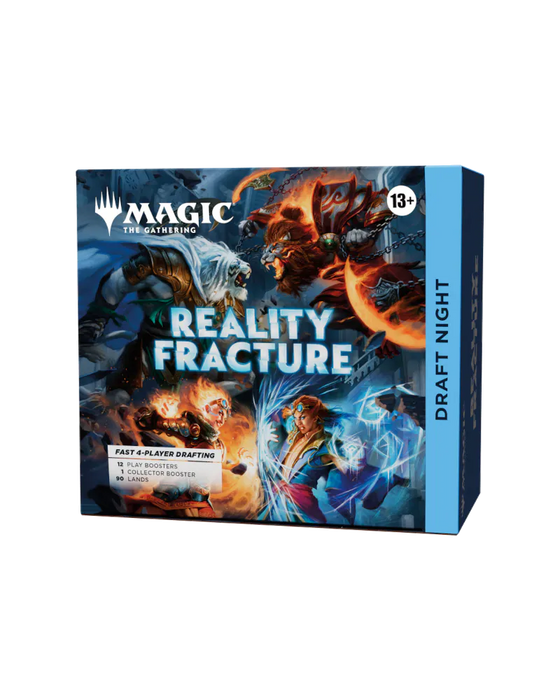 Experience thrilling gameplay with the Magic: The Gathering – Reality Fracture Draft Night set by Wizards of the Coast. This box showcases dynamic fantasy characters unleashing magical energy in battle. The blue side panel is marked “Draft Night,” and it’s designed for ages 13 and up—making it the ideal draft event kit for memorable Magic sessions.