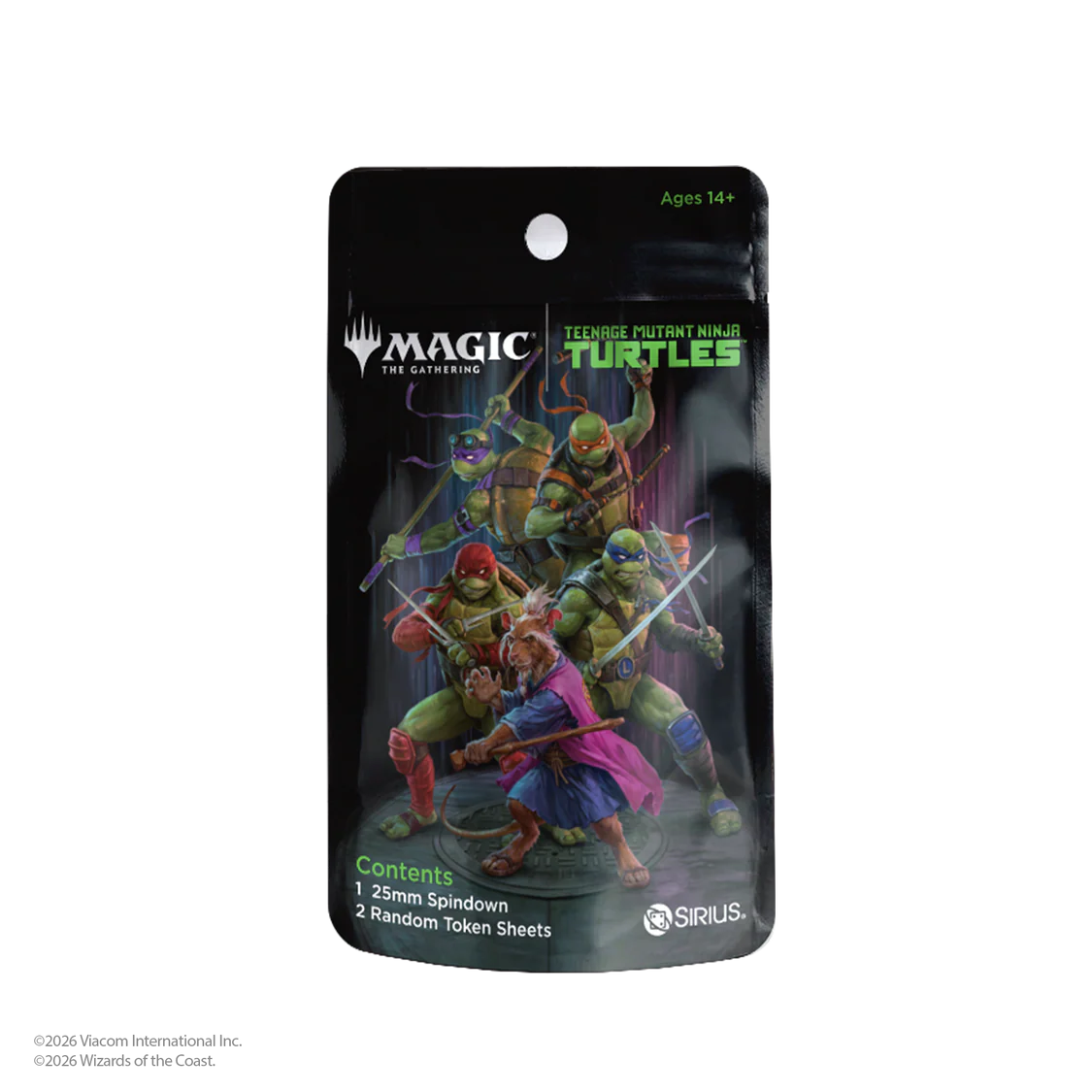 The Magic: The Gathering – Teenage Mutant Ninja Turtles Mystery Packs by Wizards of the Coast feature the four turtles in action and include one 25mm spindown die and two random token sheets.