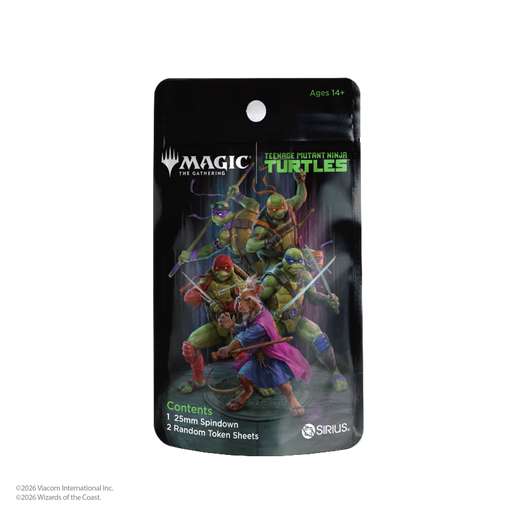 The Magic: The Gathering – Teenage Mutant Ninja Turtles Mystery Packs by Wizards of the Coast feature the four turtles in action and include one 25mm spindown die and two random token sheets.