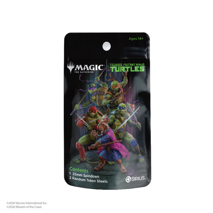 The Magic: The Gathering – Teenage Mutant Ninja Turtles Mystery Packs by Wizards of the Coast feature the four turtles in action and include one 25mm spindown die and two random token sheets.