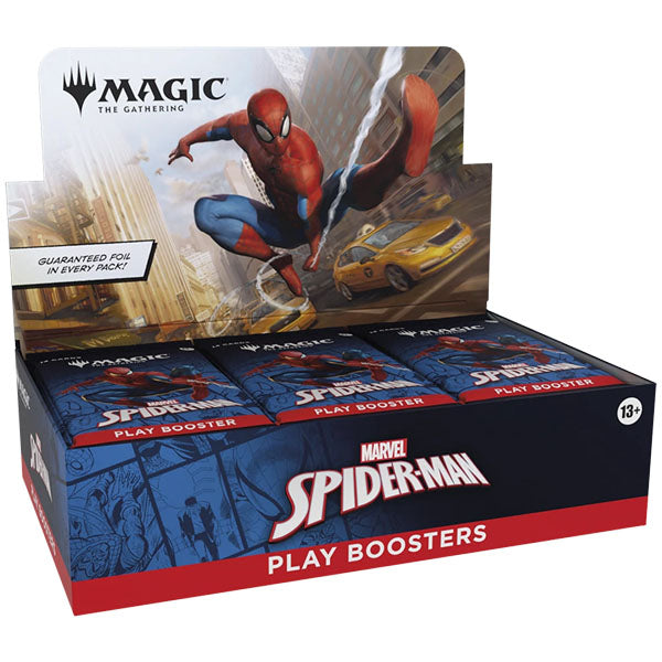 Wizards of the Coast's Magic: The Gathering - Marvel's Spider-Man Play Booster Display features Spider-Man swinging over New York City. Guaranteed foil in every pack! For ages 13+.