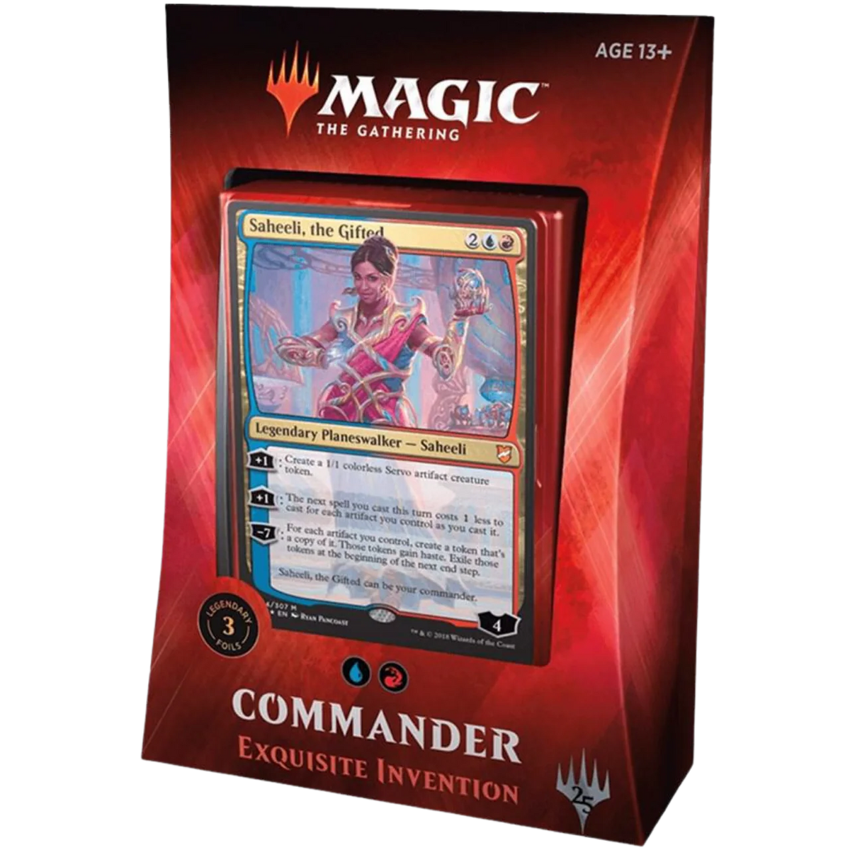 The Magic the Gathering: Commander 2018 - Commander Deck Bundle by Wizards of the Coast features Saheeli, the Gifted on Exquisite Invention’s red and gold box, marked for ages 13+. Part of a 4-deck collection.
