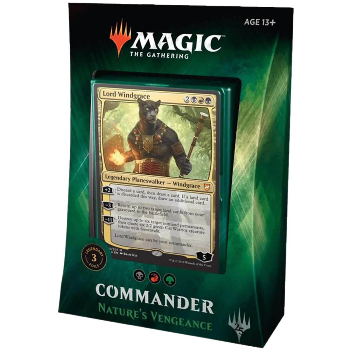 The Wizards of the Coast Magic the Gathering: Commander 2018 - Commander Deck Bundle includes the Nature’s Vengeance deck box featuring Lord Windgrace, a green fantasy-themed item for ages 13 and up.