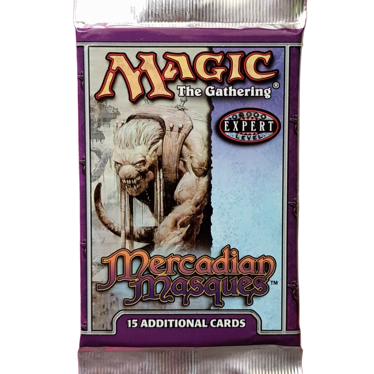 A sealed Wizards of the Coast Magic: The Gathering – Mercadian Masques booster pack, featuring a monstrous creature on the front and purple packaging, is labeled “Expert Level” and contains 15 additional cards.