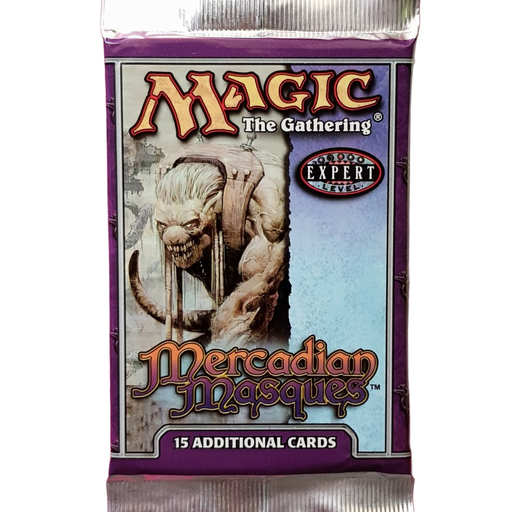 A sealed Wizards of the Coast Magic: The Gathering – Mercadian Masques booster pack, featuring a monstrous creature on the front and purple packaging, is labeled “Expert Level” and contains 15 additional cards.