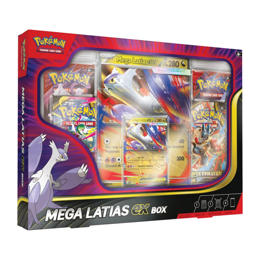 Introducing the Pokémon TCG: Mega Latias ex Box by The Pokémon Company, featuring exclusive Pokémon TCG cards and booster packs highlighted by the bold artwork of Mega Latias ex. This box includes two special promo cards and four booster packs, all presented in eye-catching red and purple themed packaging.