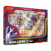 Introducing the Pokémon TCG: Mega Latias ex Box by The Pokémon Company, featuring exclusive Pokémon TCG cards and booster packs highlighted by the bold artwork of Mega Latias ex. This box includes two special promo cards and four booster packs, all presented in eye-catching red and purple themed packaging.
