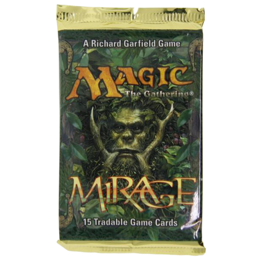 A sealed Wizards of the Coast Magic: The Gathering - Mirage Booster Pack featuring a green, tree-like face and the text: A Richard Garfield Game, Magic: The Gathering, Mirage, 15 Tradable Game Cards.