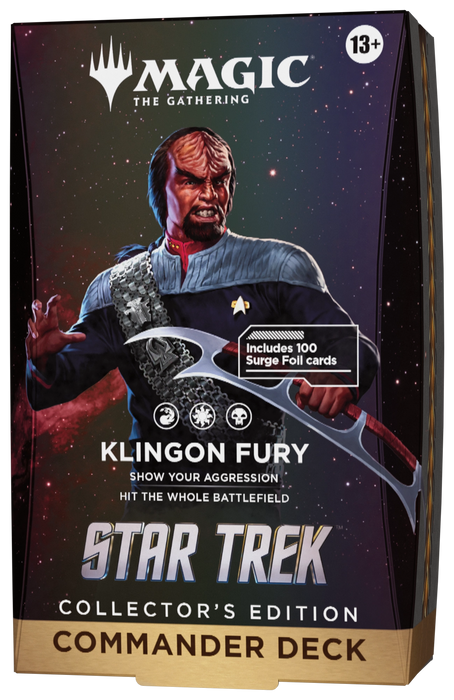 Wizards of the Coast Magic: The Gathering - Star Trek Collector’s Edition Commander Decks box showcases a Klingon warrior wielding a batleth against a starry backdrop, with highlighted text for “Klingon Fury” and “Collectors Edition.”.