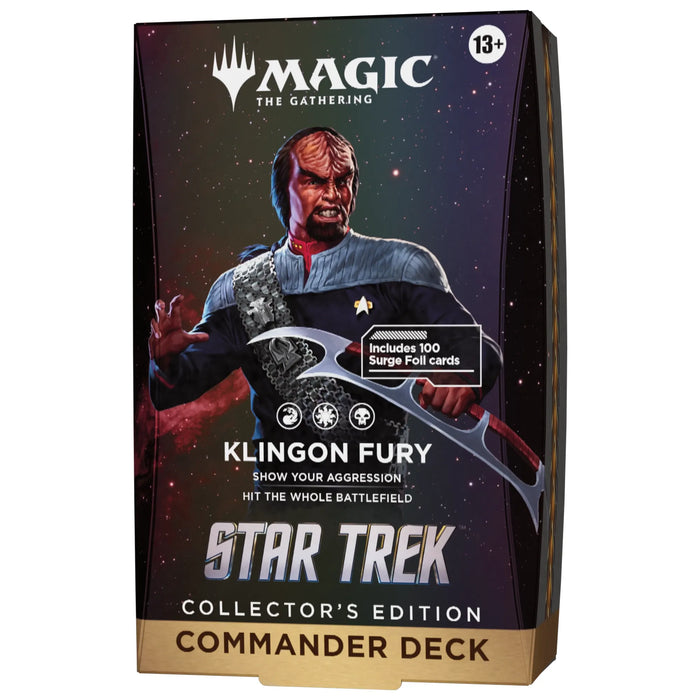 Wizards of the Coast Magic: The Gathering - Star Trek Collector’s Edition Commander Decks box showcases a Klingon warrior wielding a batleth against a starry backdrop, with highlighted text for “Klingon Fury” and “Collectors Edition.”.