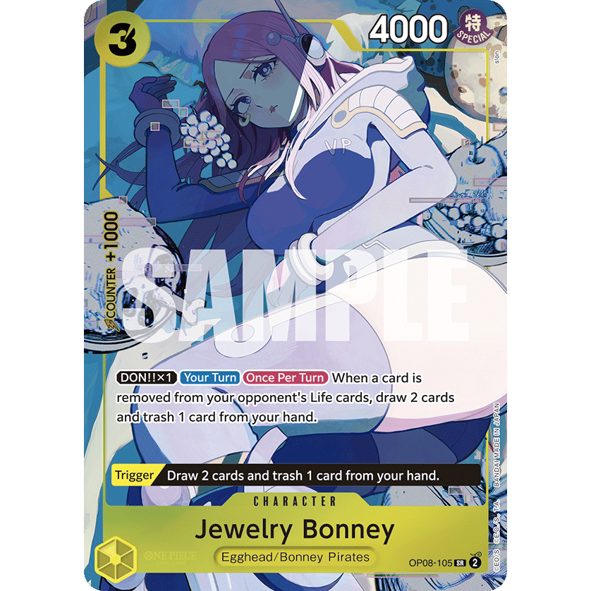 One Piece Card Game: Illustration Box EX Jewelry Bonney character card with a cost of 3, 4000 power, and an ability to draw and trash cards when an opponent’s life card is removed.