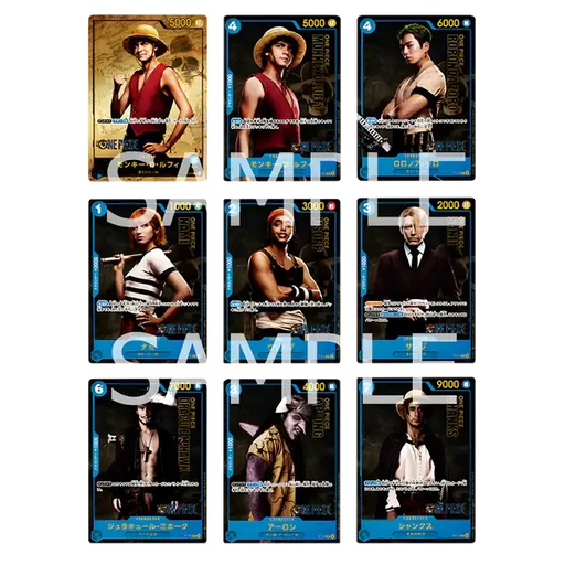 A grid of nine One Piece Card Game: Premium Card Collection - Live Action Edition collectible trading cards featuring live-action character portraits.