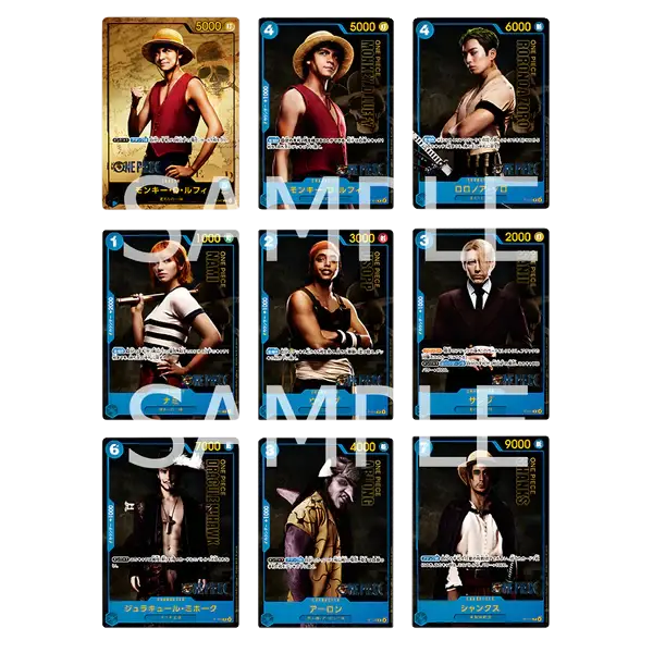 A grid of nine One Piece Card Game: Premium Card Collection - Live Action Edition collectible trading cards featuring live-action character portraits.